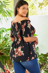 Black Floral Smocked Off Shoulder Plus Size Blouse