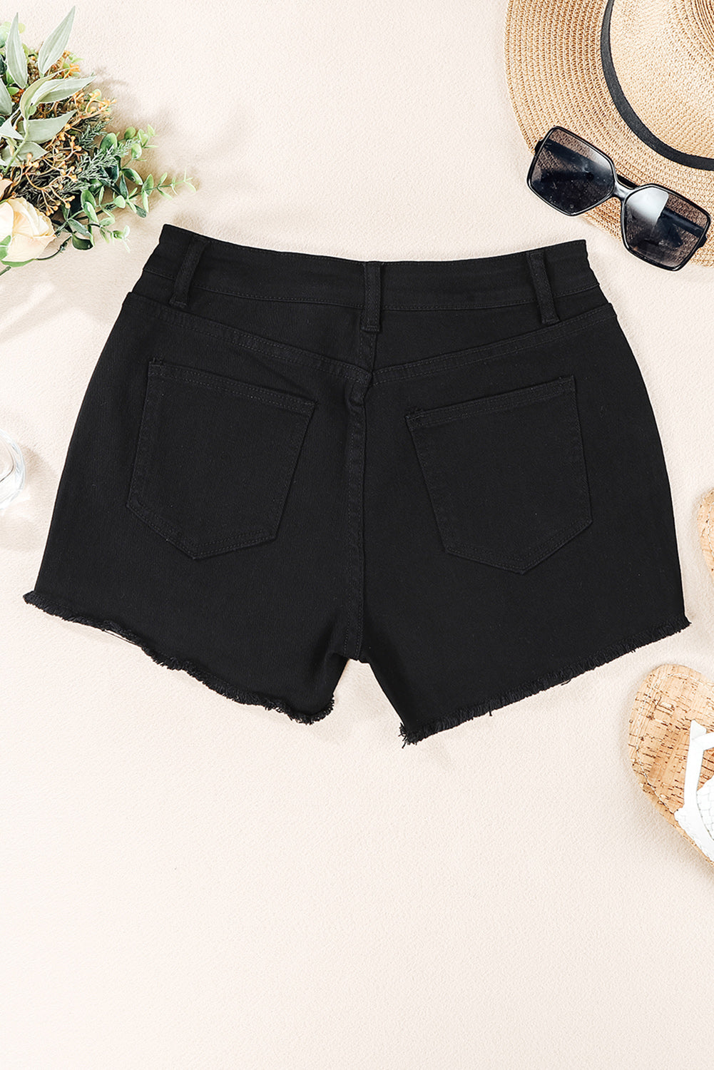 Black Asymmetrical Ripped Denim Shorts