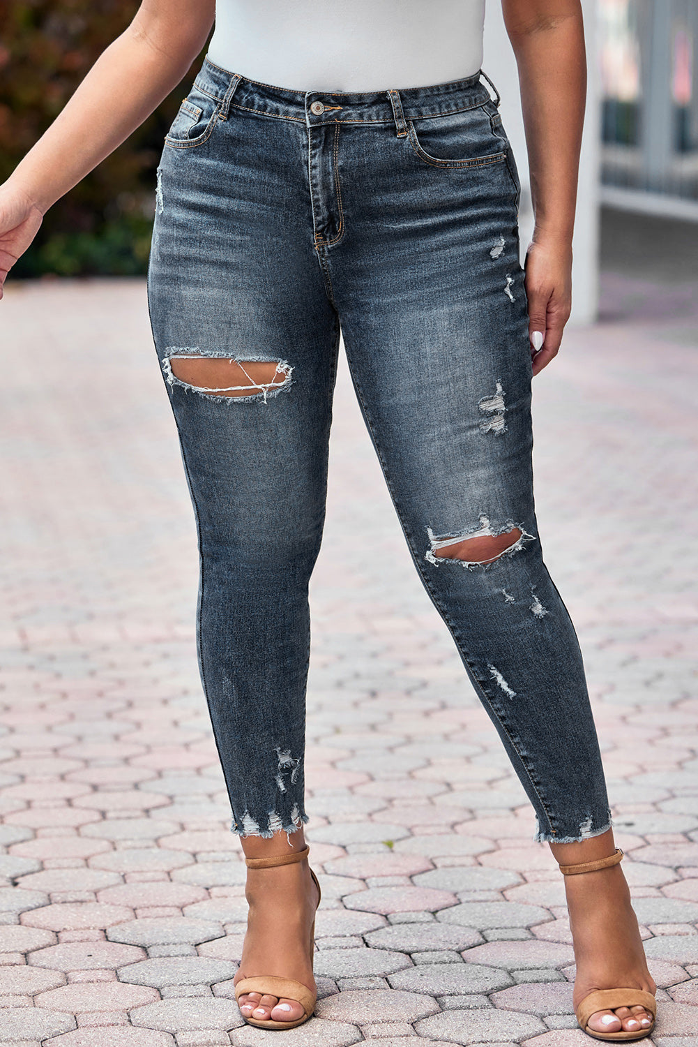 Blue Plus Size Distressed Ankle Length Skinny Jeans