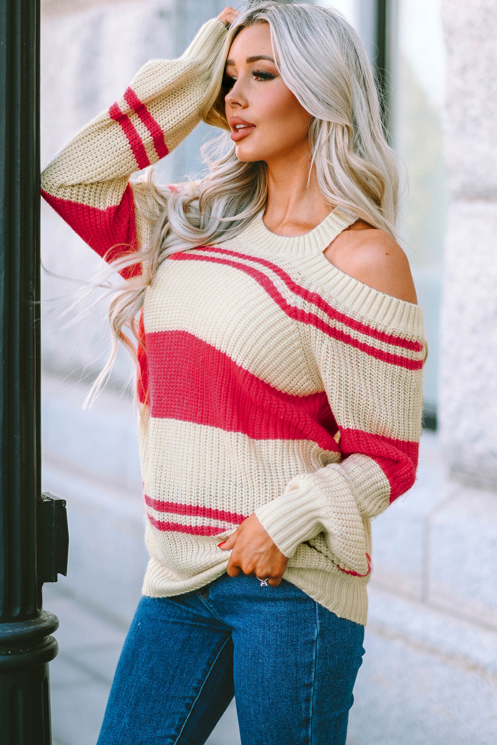 Black Striped Cold Shoulder Knit Sweater