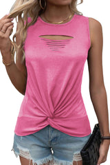 Rose Laser Cut Slits Twist Front Tank Top