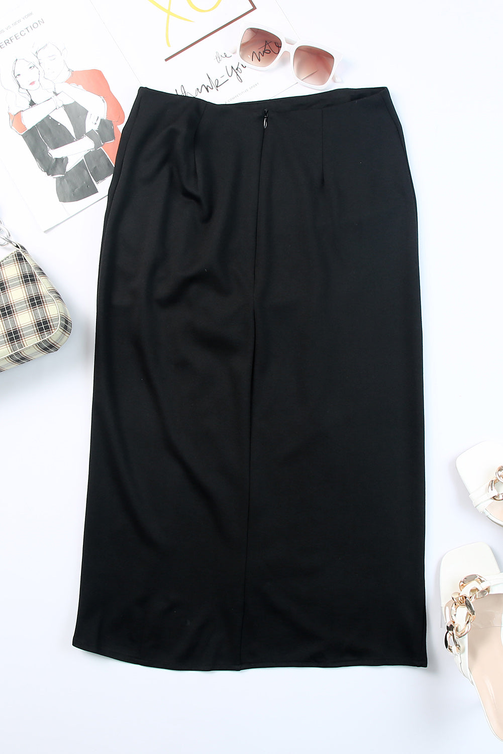 Black Ruched Buttons Embellished Side Split Pencil Midi Skirt