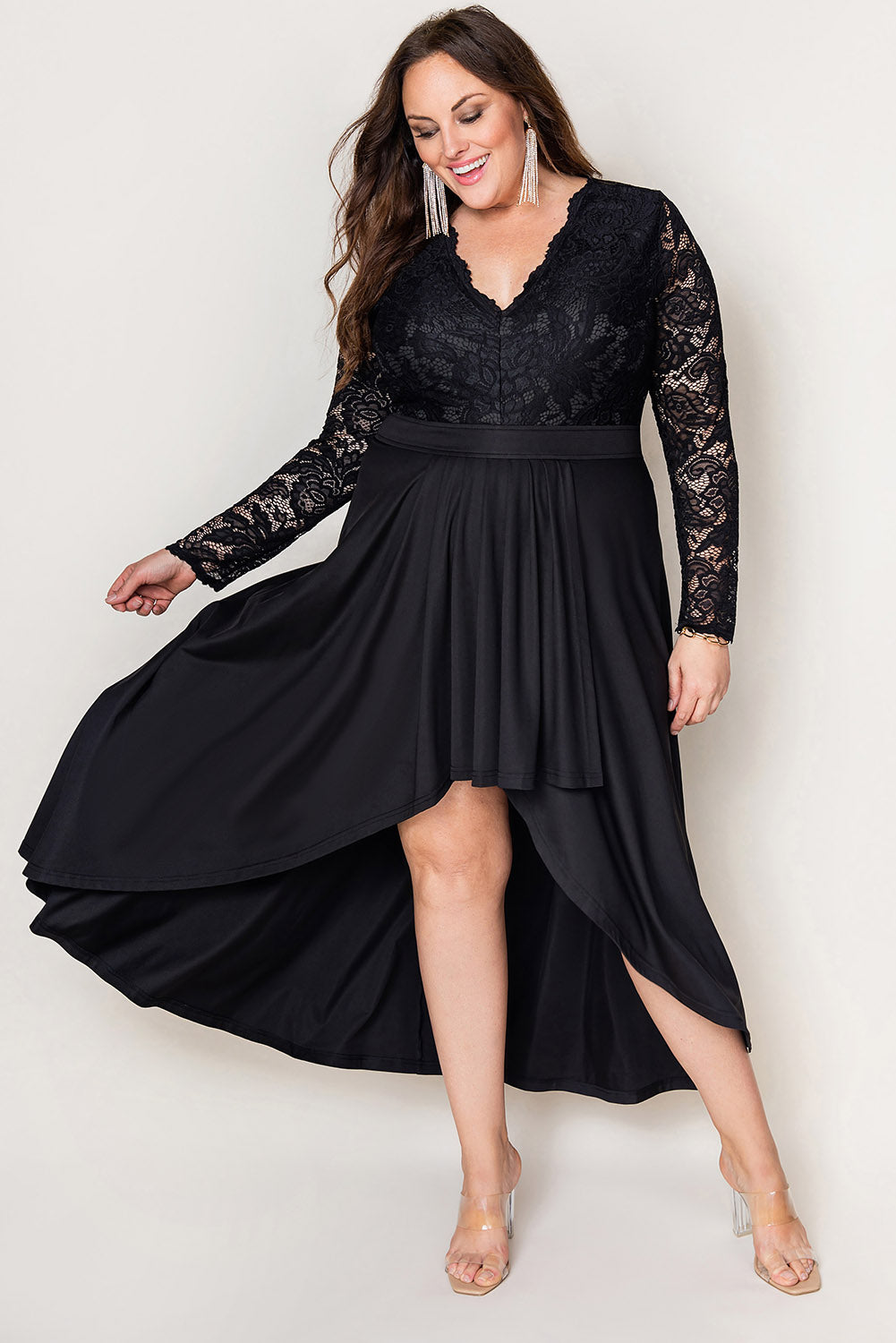 White Plus Size High-Low Lace Contrast Evening Dress