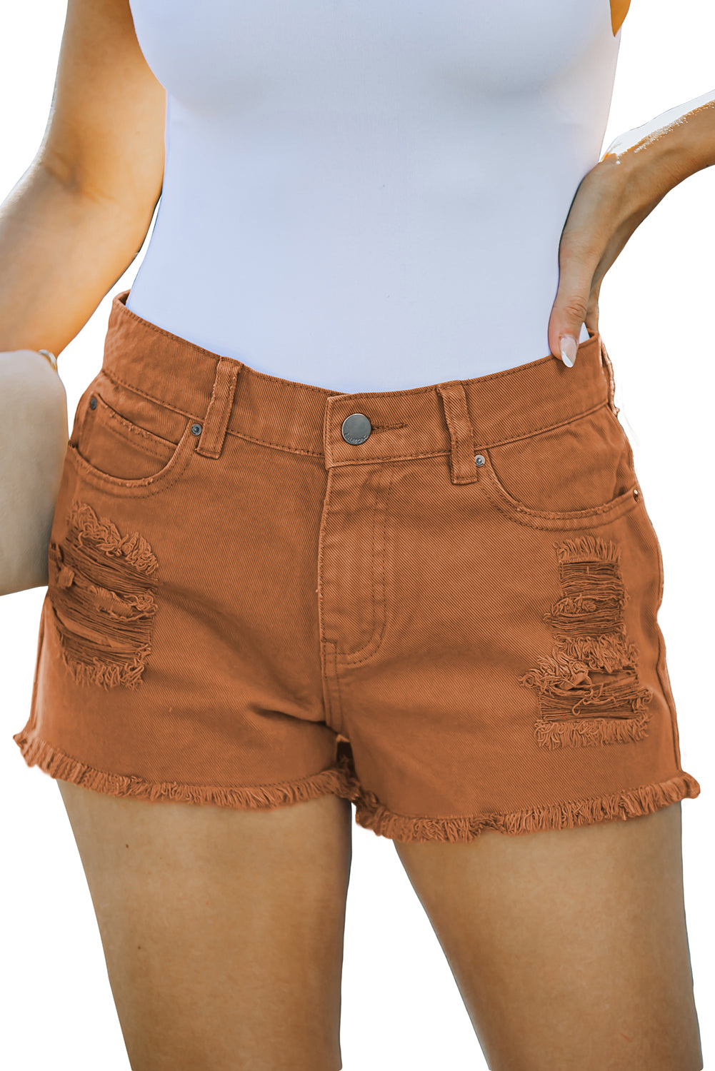 Orange Distressed Tasseled Denim Shorts