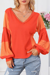 Red Studded V Neckline Exposed Seam Textured Knit Top