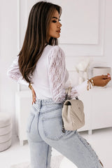 White Lace Splicing Sleeve Ribbed Slim Top