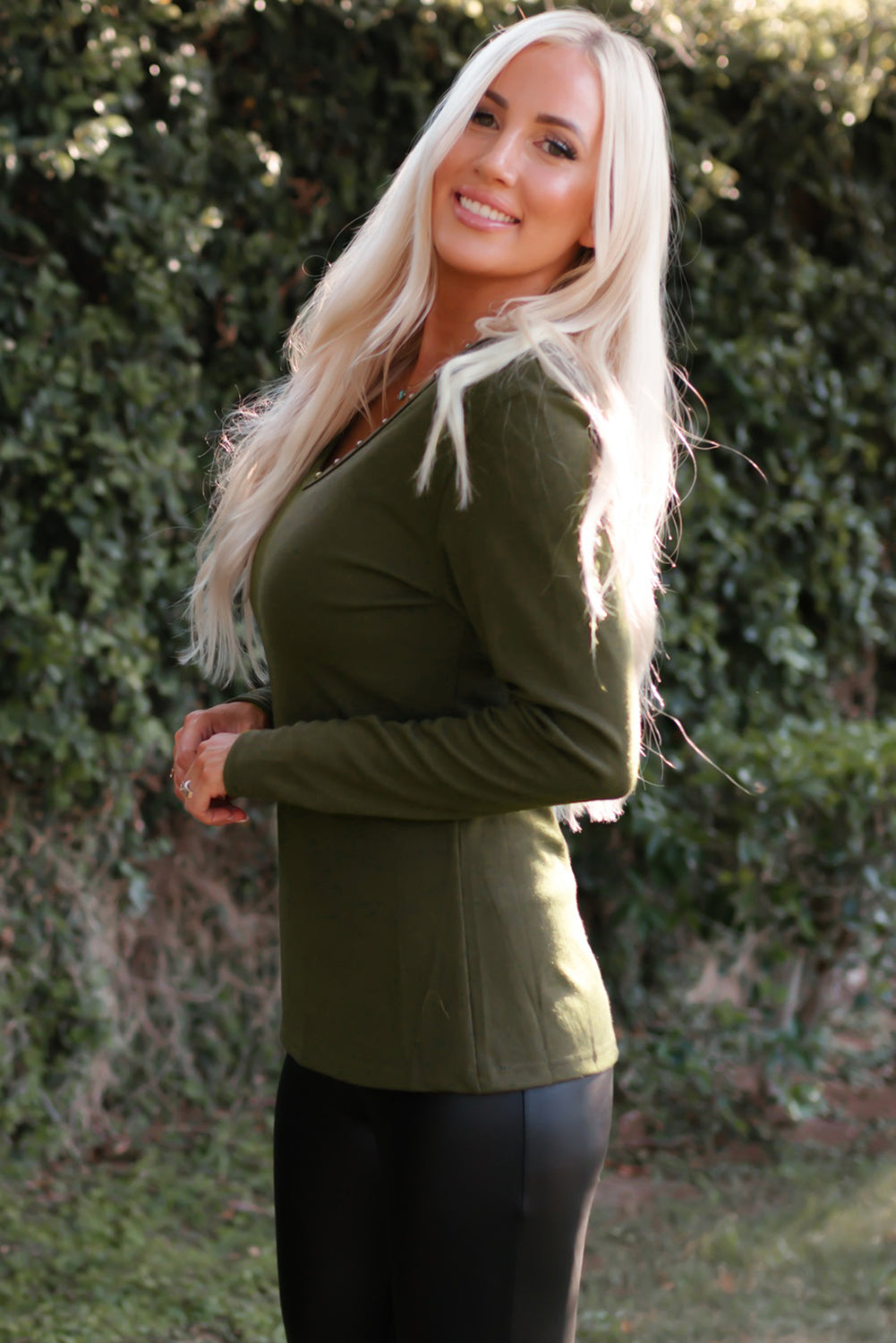 Green Studded Eyelet Neckline Ribbed Knit Long Sleeve Top