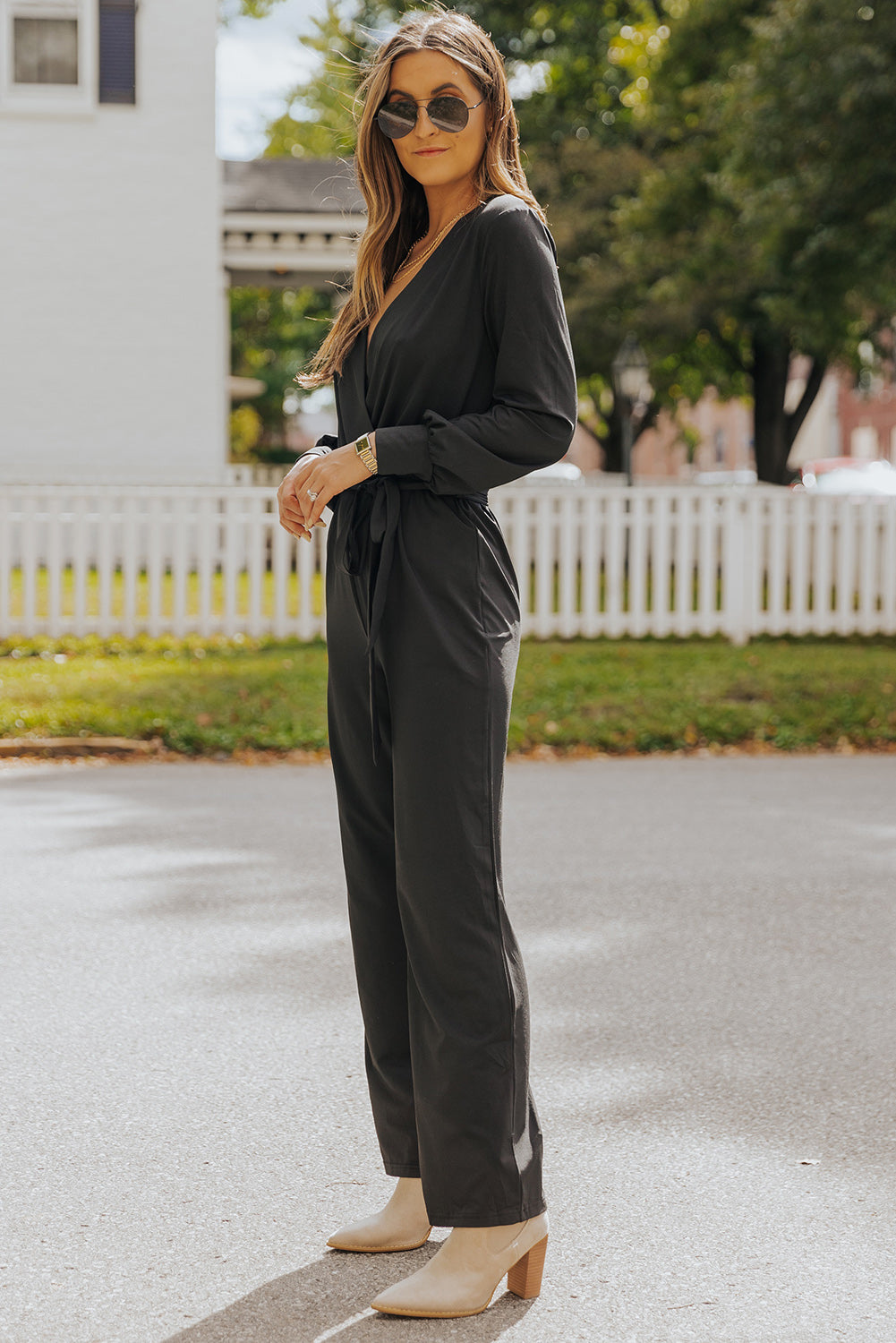 Black V Neck Wrap Waist Tie Long Sleeve Jumpsuit