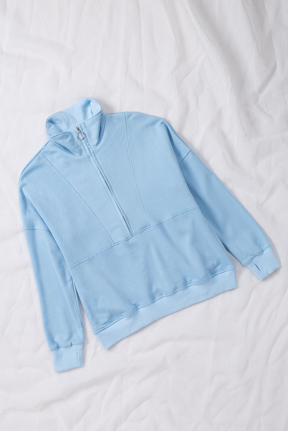 Dark Gray Solid Color Zip Collar Sweatshirt with Pockets