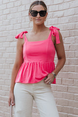 Pink Knotted Straps Peplum Tank Top