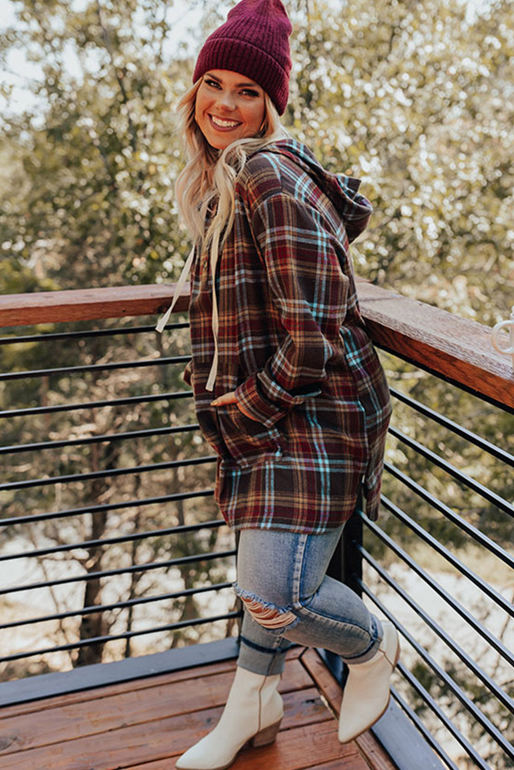 Green Plus Size Plaid Kangaroo Pocket Drawstring Hoodie