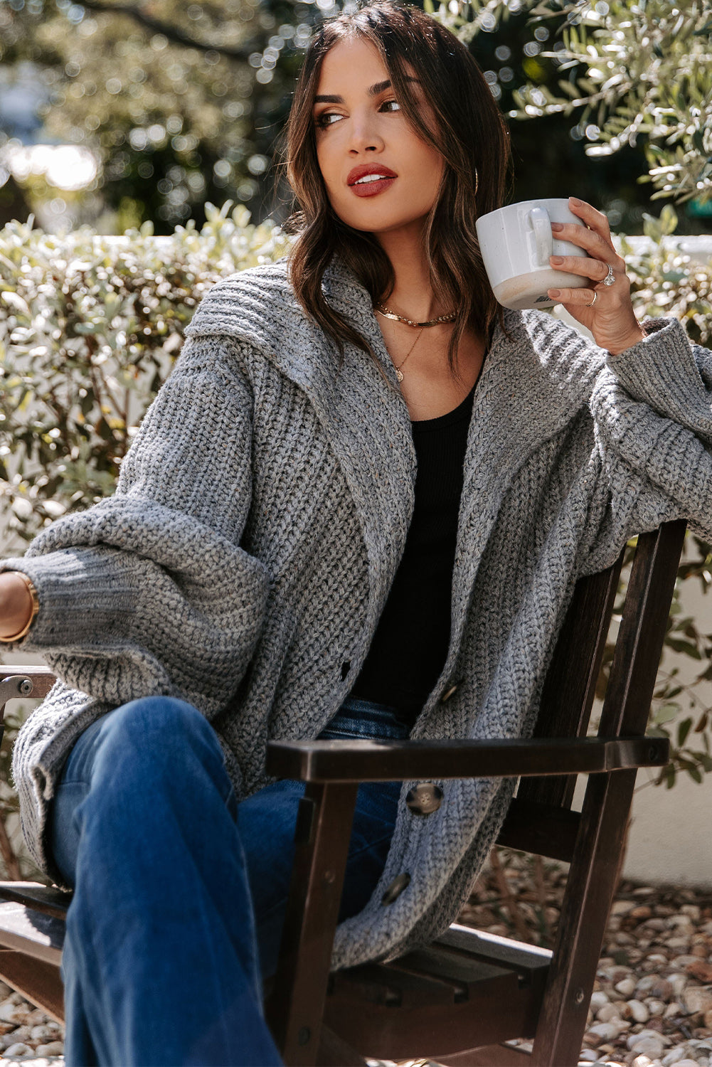 Gray Oversized Turndown Collar Pocketed Cardigan