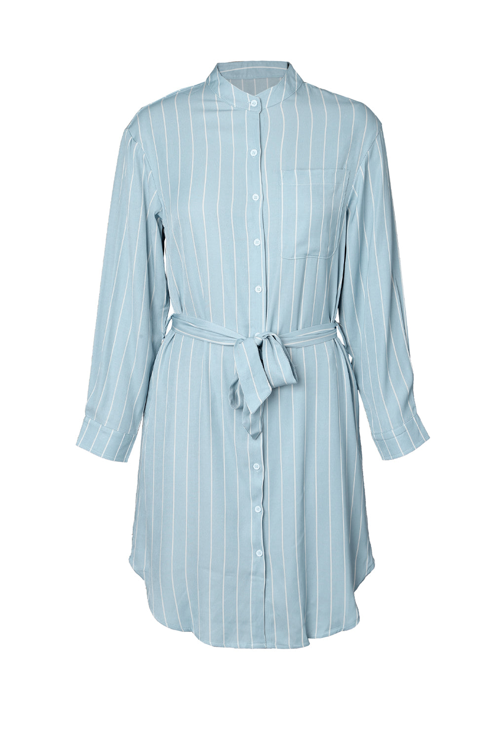 Sky Blue Striped Shirt Midi Dress with Sash