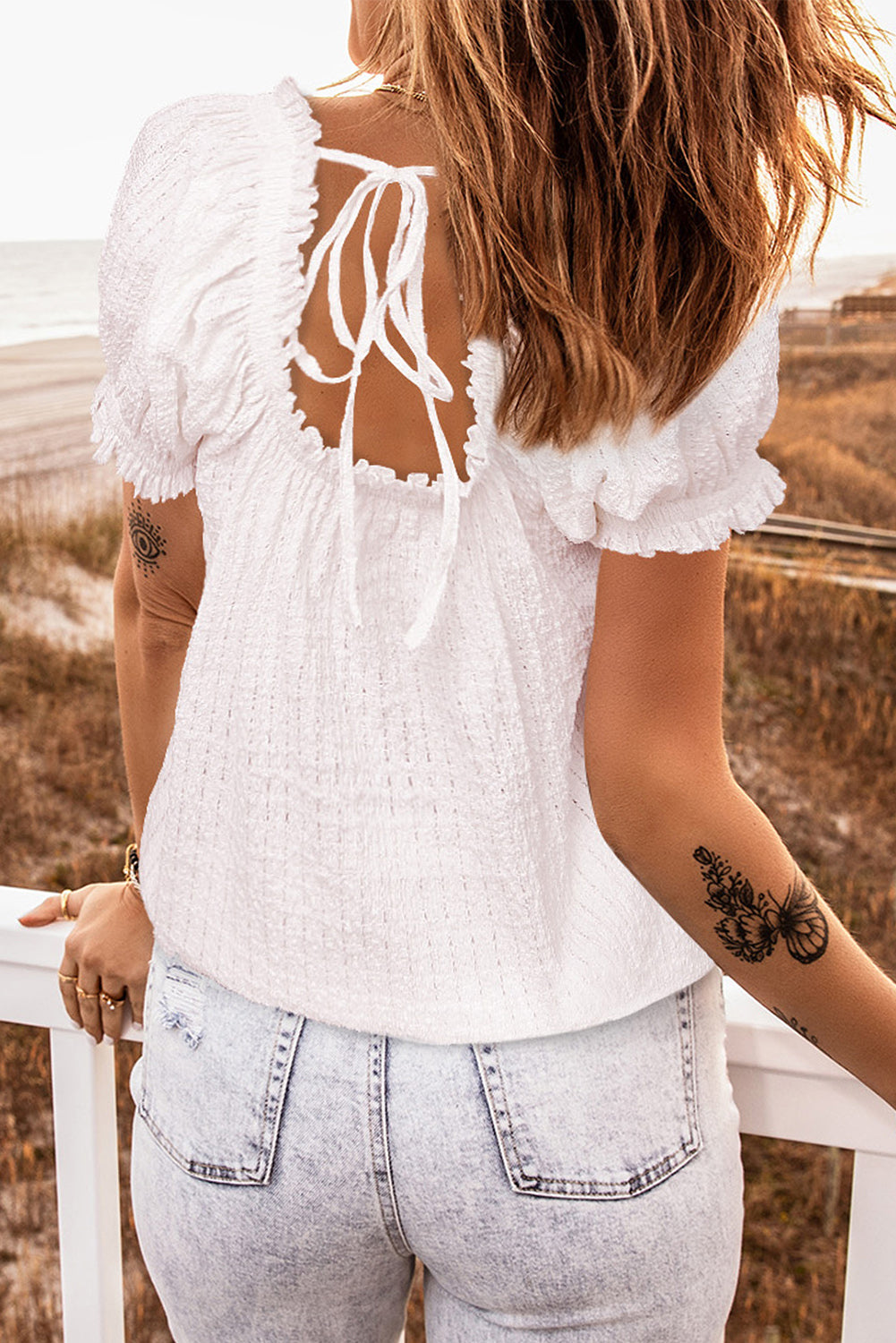 White Lace Crochet Lace-up Open Back Puff Sleeve Top