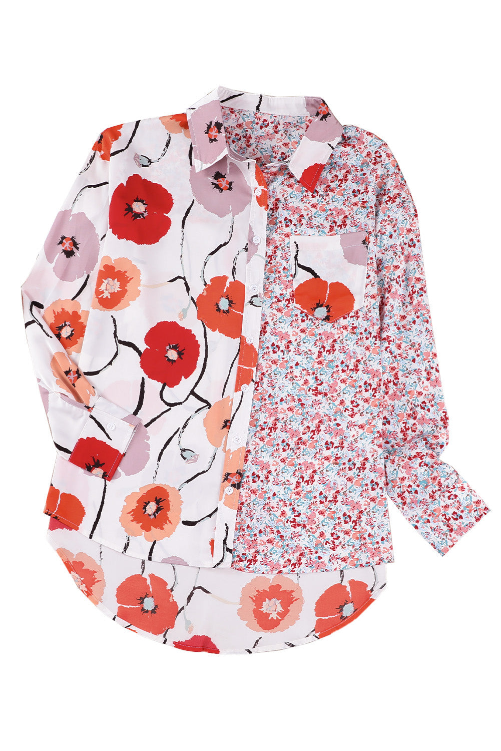 Red Floral Patchwork Buttoned Shirt with Pocket