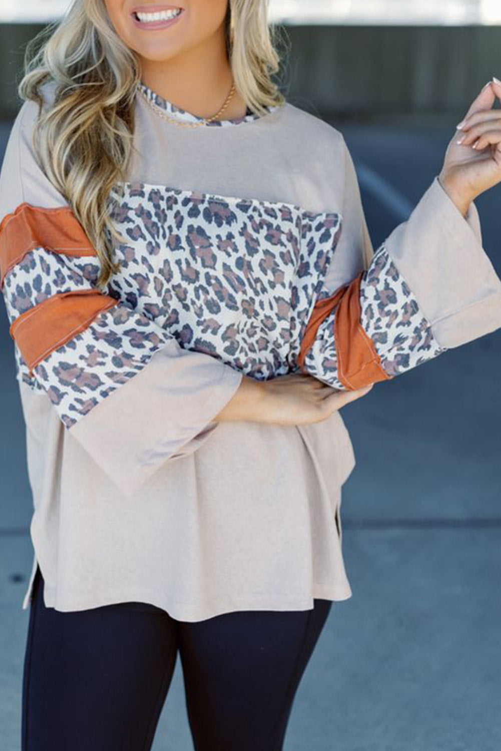 Khaki Leopard Patchwork Bell Sleeve Loose Split Top