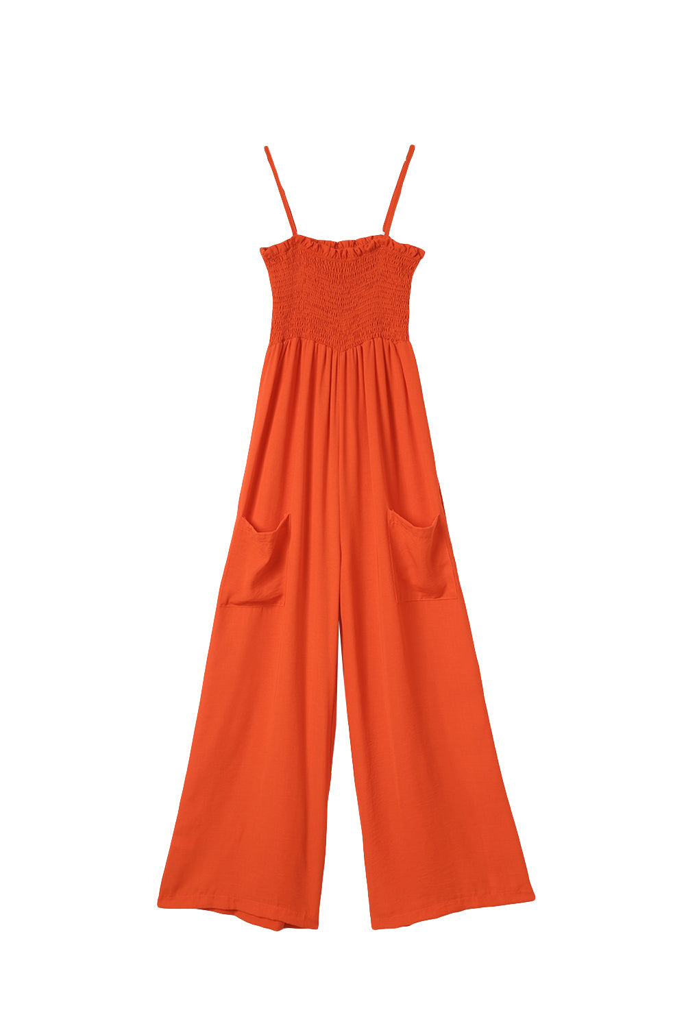 Orange Smocked Spaghetti Straps Wide Leg Jumpsuit