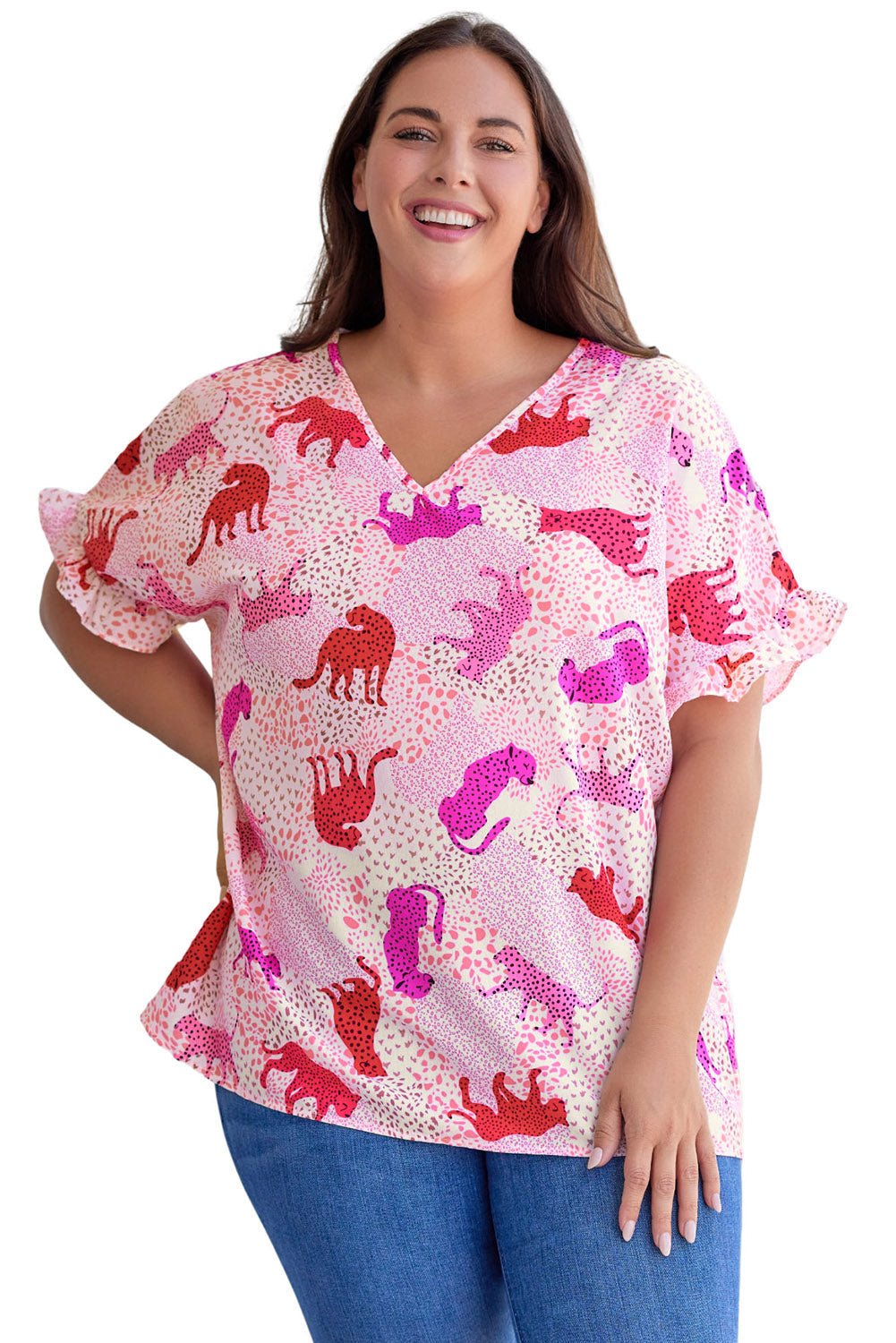 Pink Plus Size Jaguar Print Ruffled Short Sleeves Top