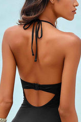 Black Hollow Out Beaded Halter Neck One-piece Swimsuit