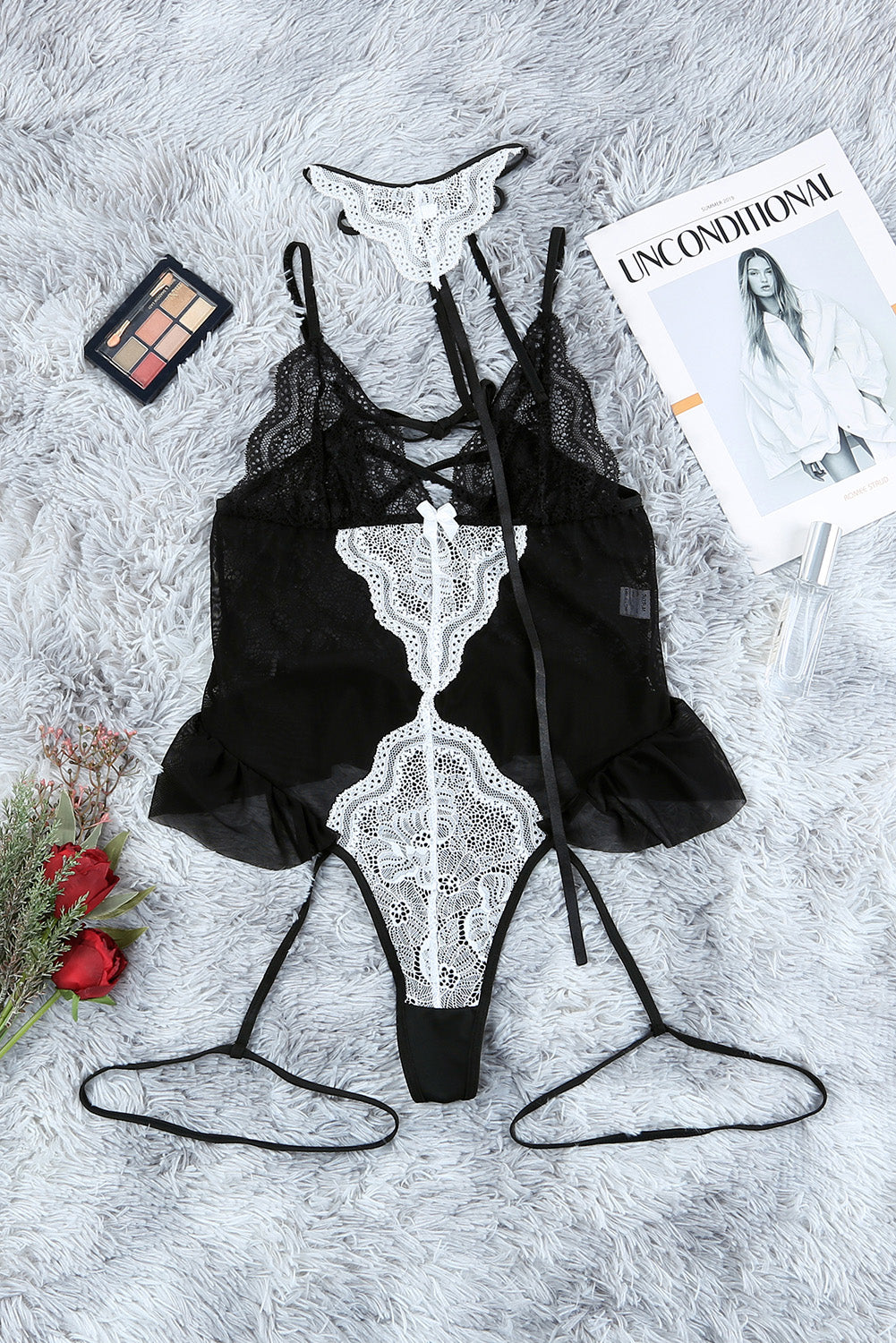 Black Lace Mesh Contrast Lace-up Straps Teddy Lingerie