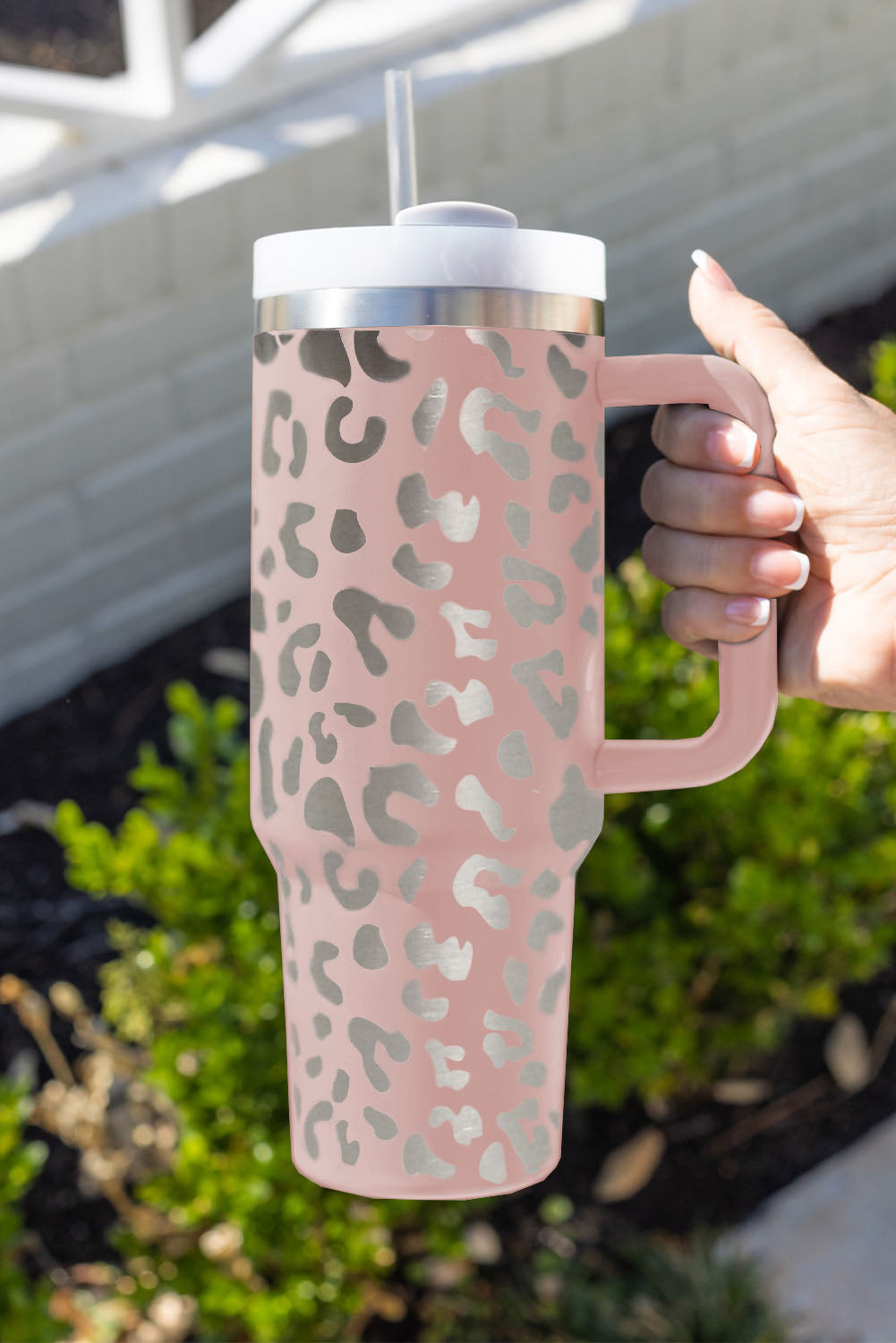 White Leopard Print 40OZ Stainless Steel Portable Cup with Handle