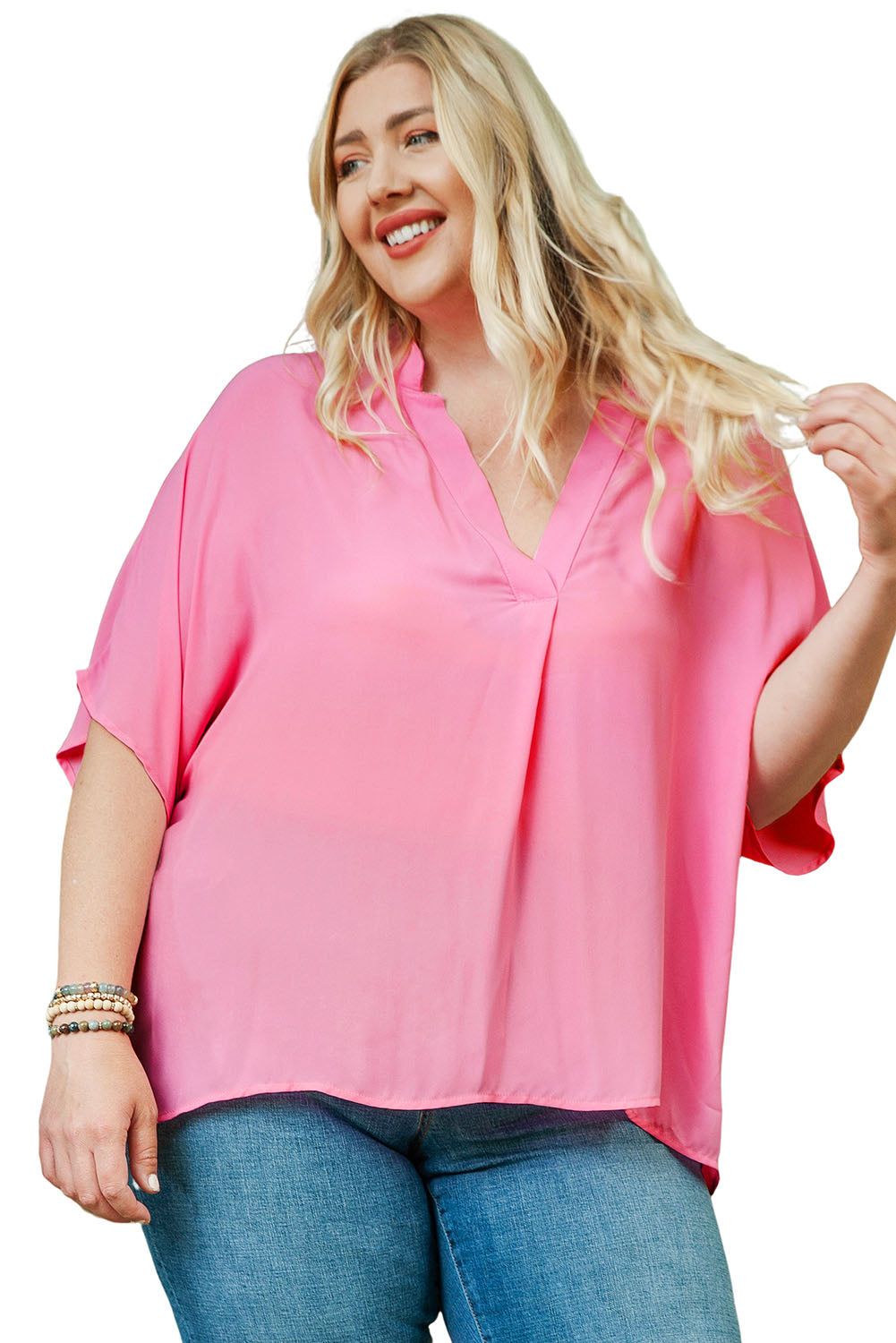 Pink Plus Size Flowy V Neck Blouse