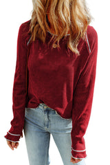 Red Textured Round Neck Long Sleeve Top