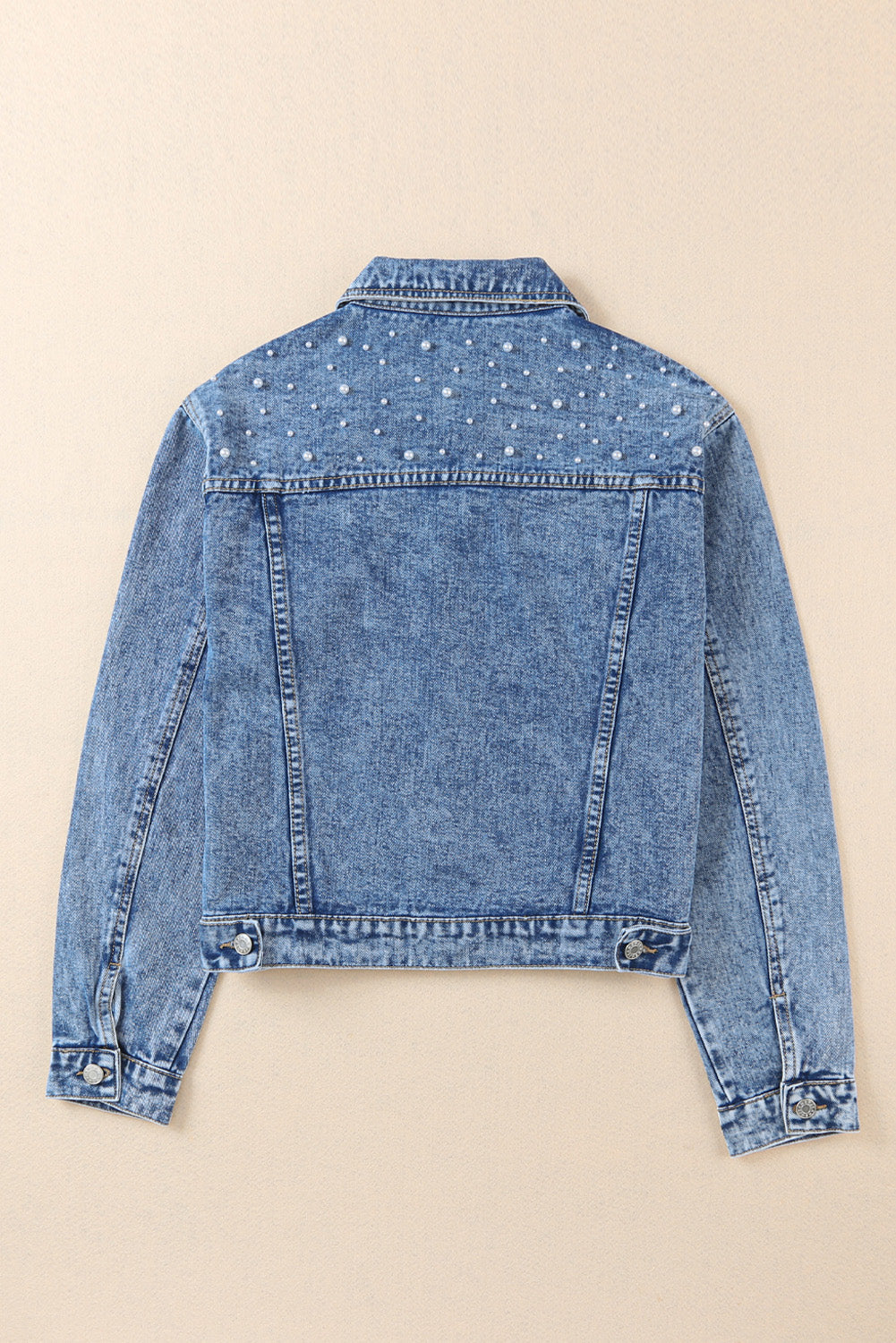 Sky Blue Pearl Turn Down Collar Denim Jacket