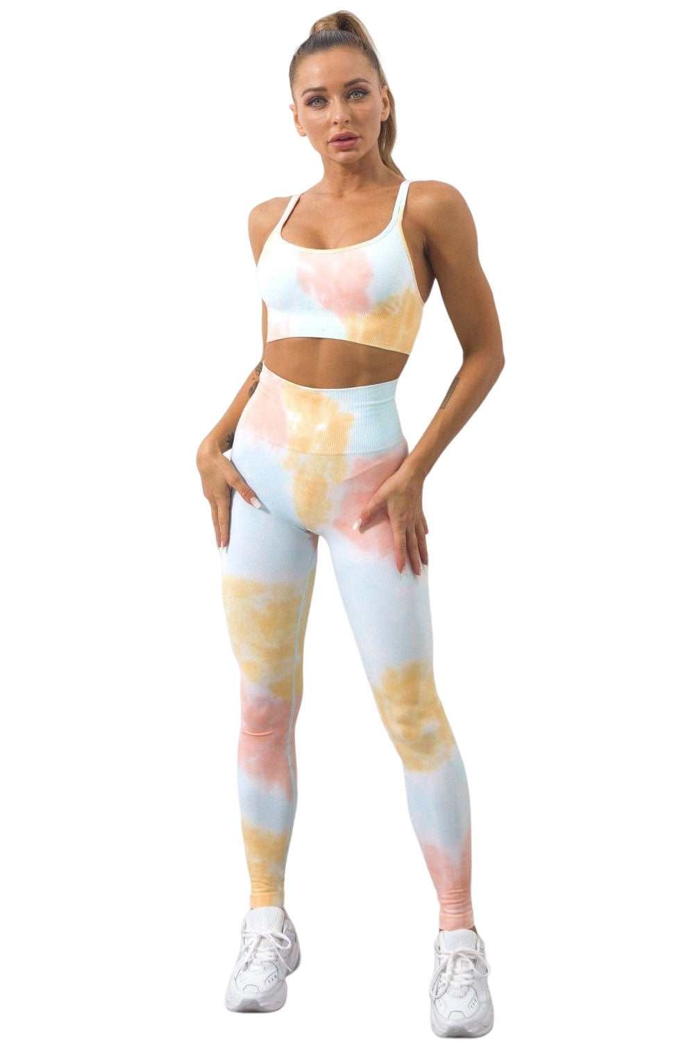 Sky Blue 2pcs Tie Dye Yoga Bra and High Waist Leggings Set