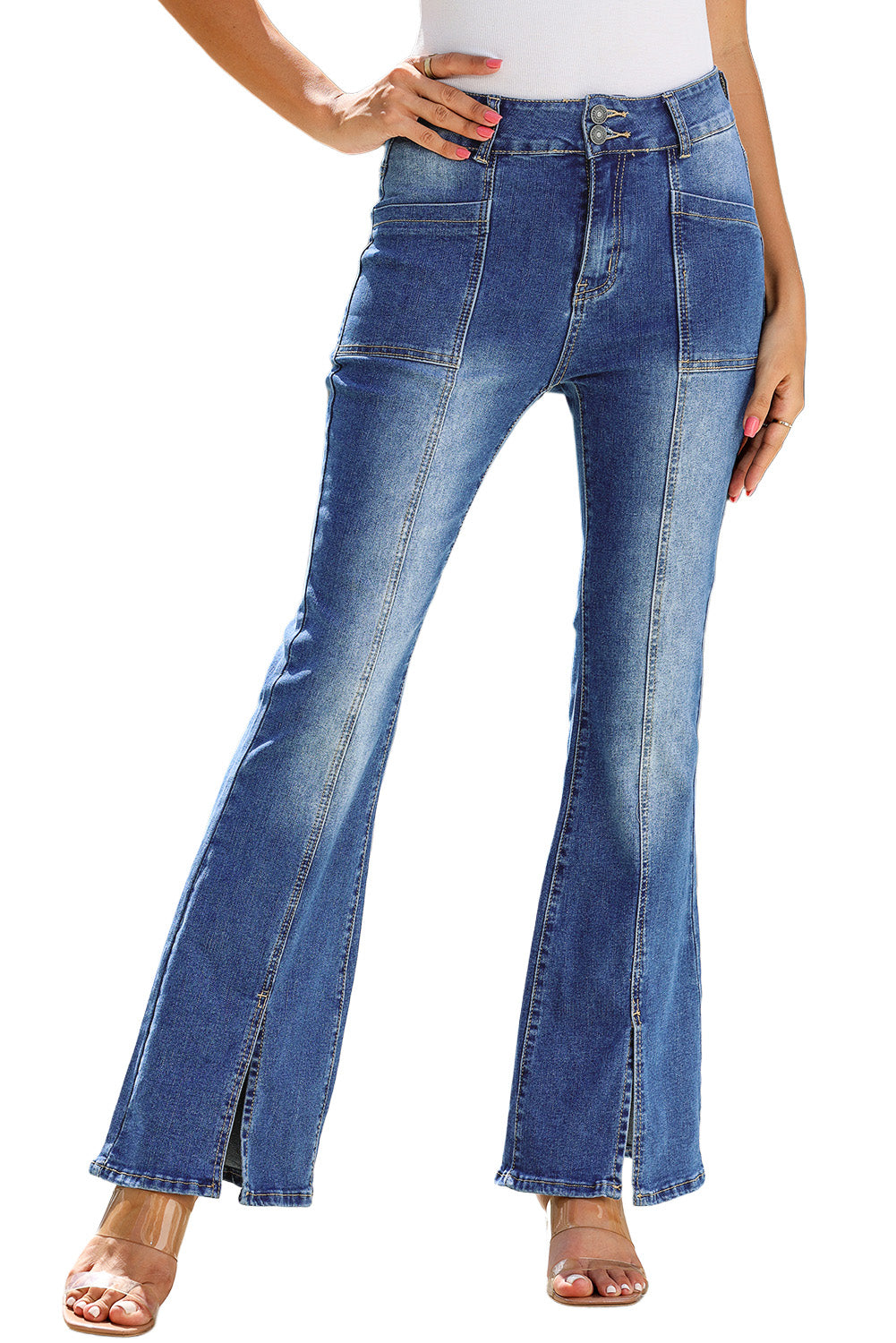 Blue Exposed Seam Split Flare Jeans