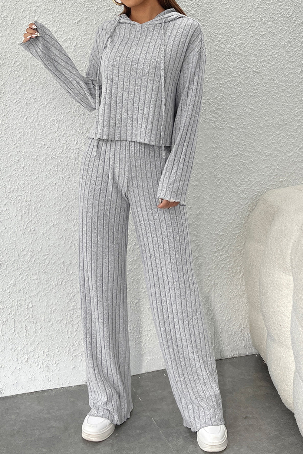 Green Plain Ribbed Loose Fit Two Piece Lounge Set