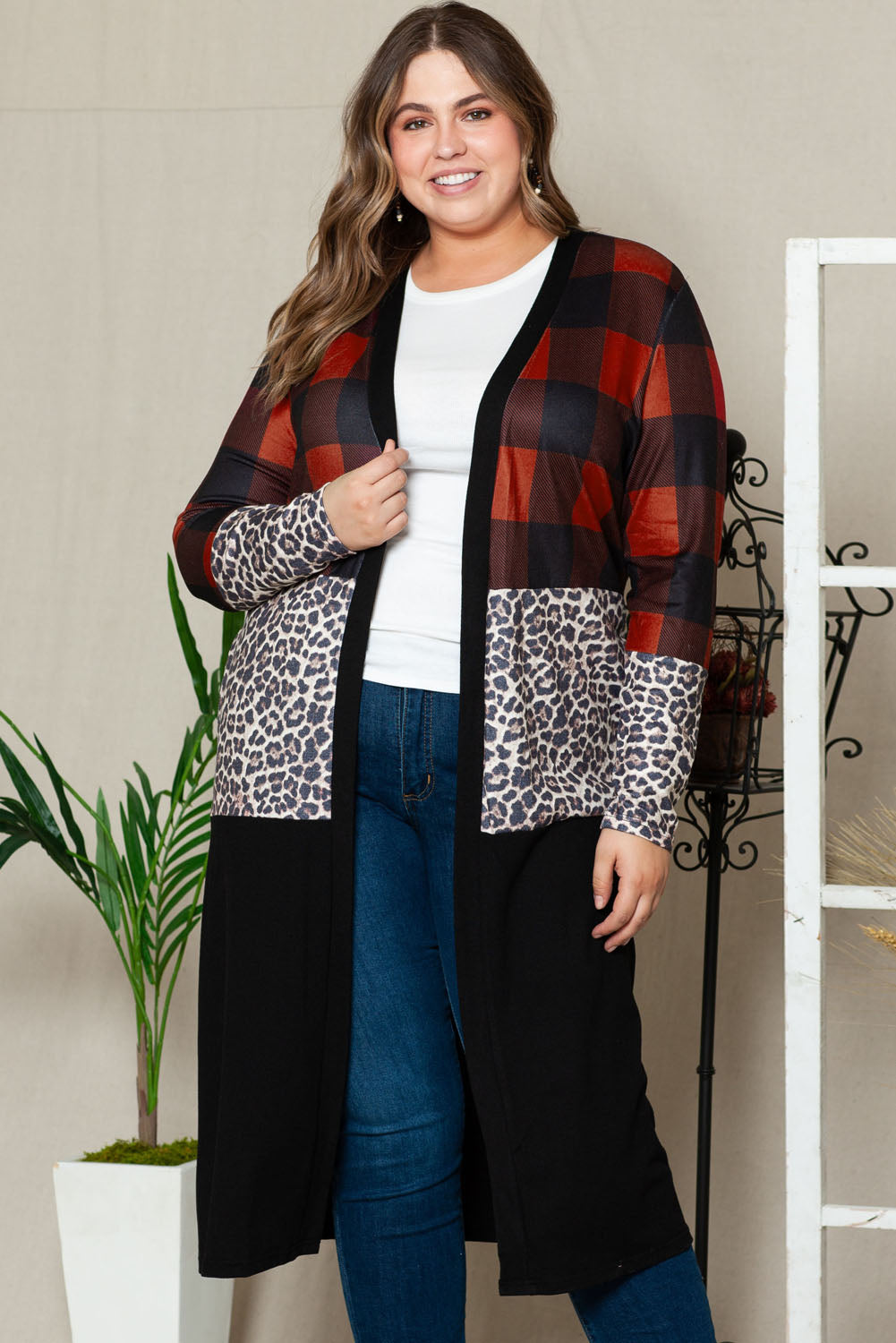 Red Buffalo Plaid Leopard Colorblock Plus Size Duster Cardigan