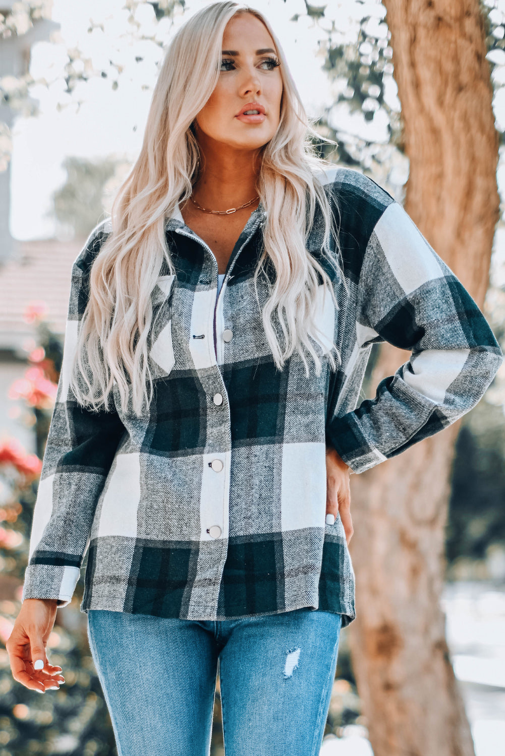 Khaki Plaid Print Buttoned Shirt Coat with Pocket
