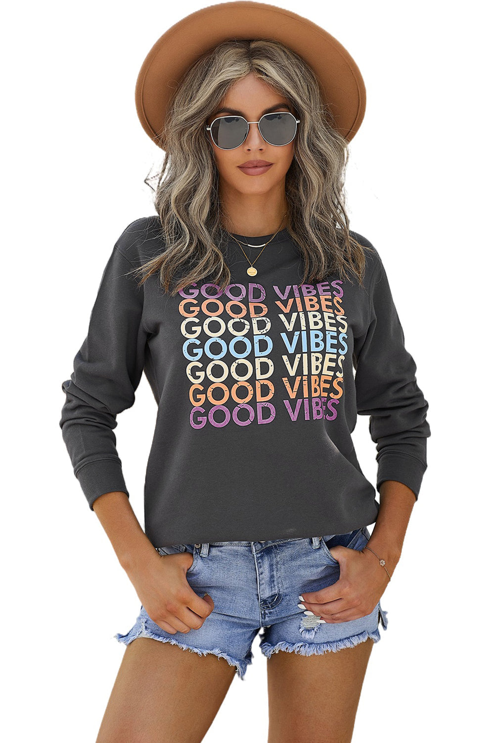 Gray GOOD VIBES Graphic Pullover Sweatshirt