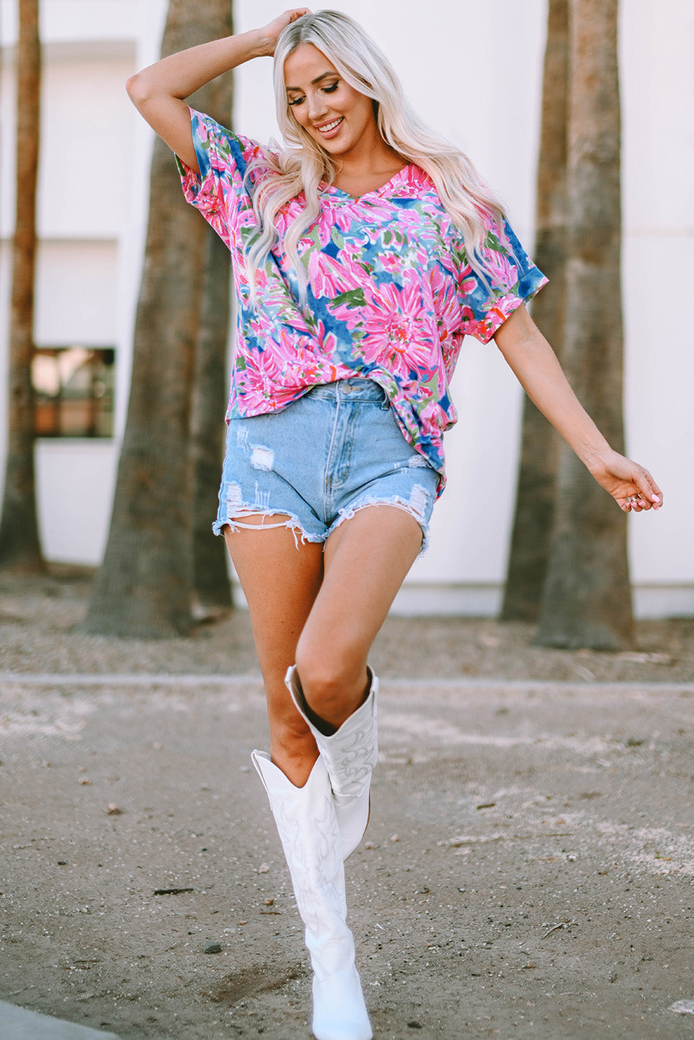 Pink Abstract Floral Print Loose Fit Spaghetti Strap Tank Top