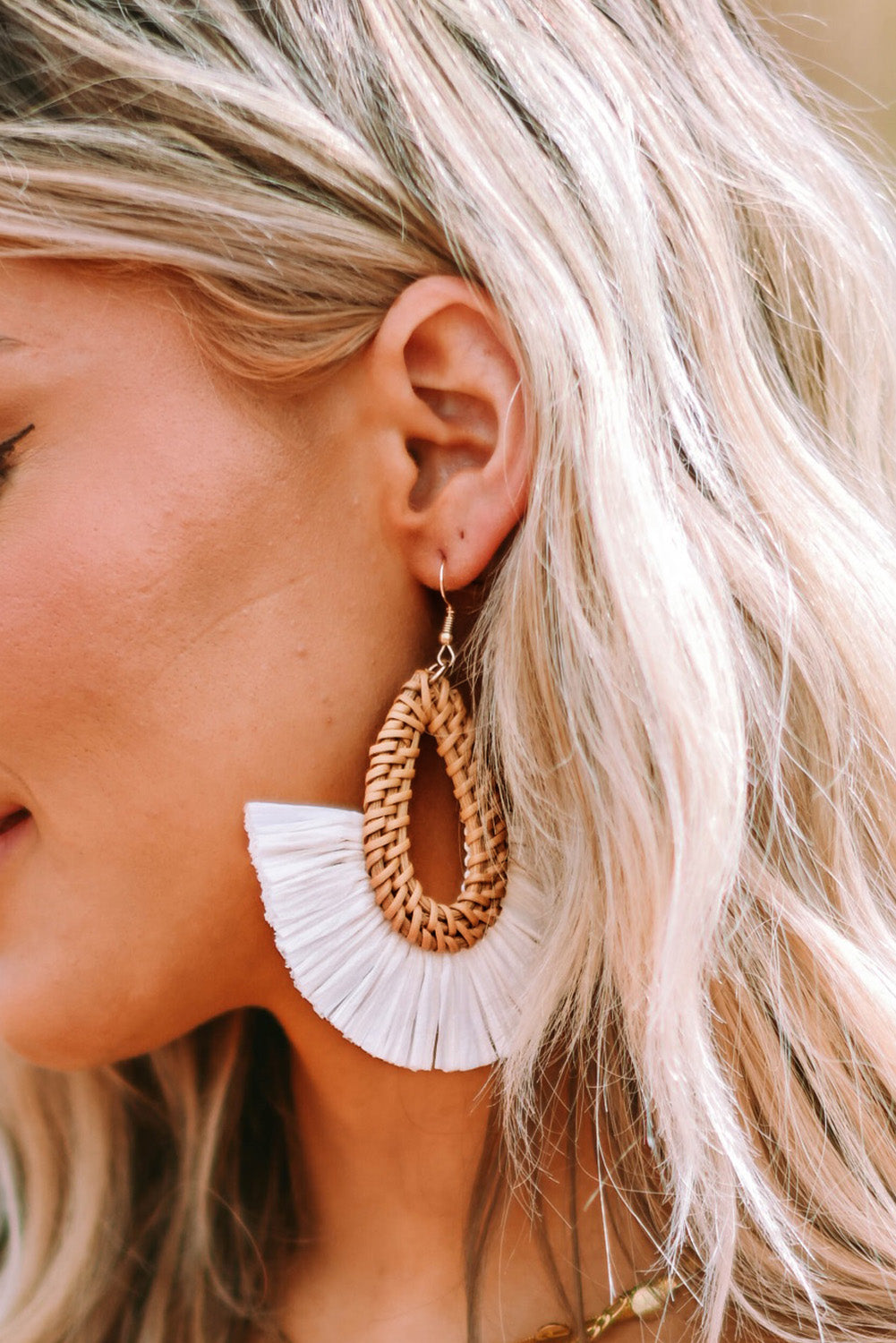 Beige Bohemian Semi-circle Woven Drop Earrings