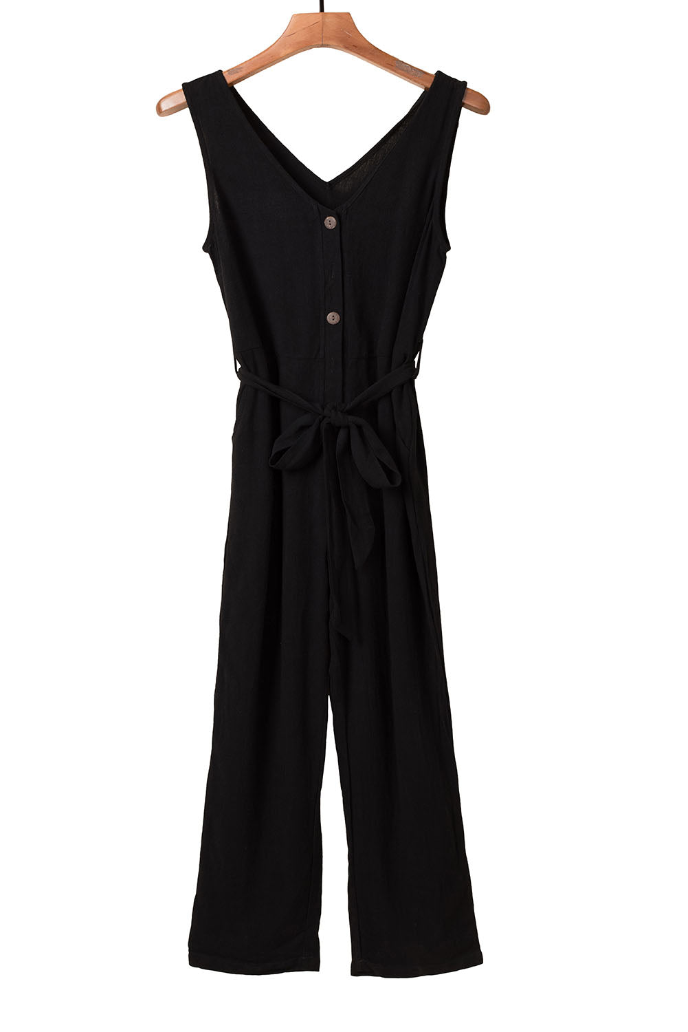 Black V Neck Button Belted Jumpsuit with Pockets