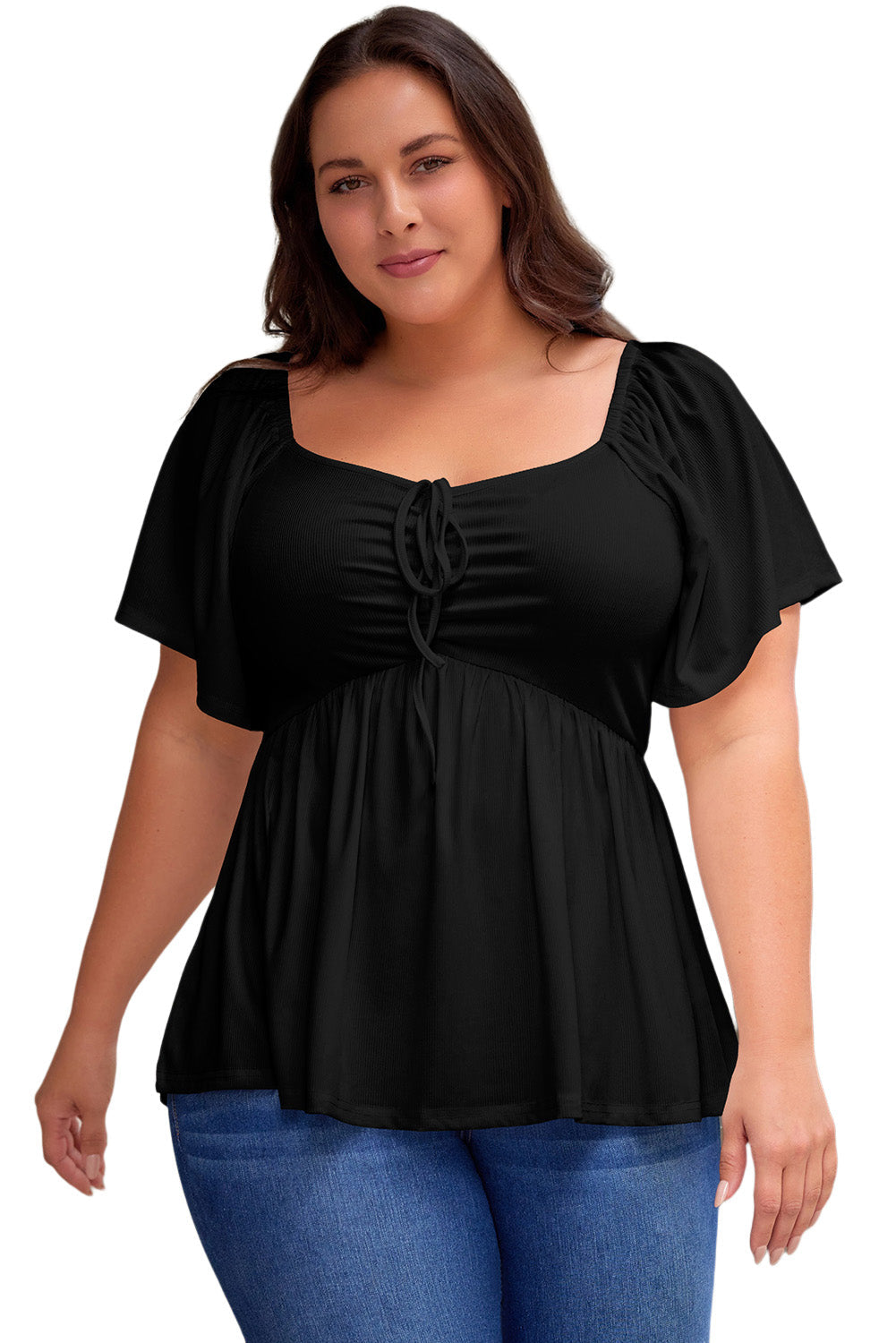 Black Plus Size Ruched Front Babydoll Top