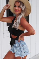 Black One Shoulder Side Tie Sleeveless Crop Top