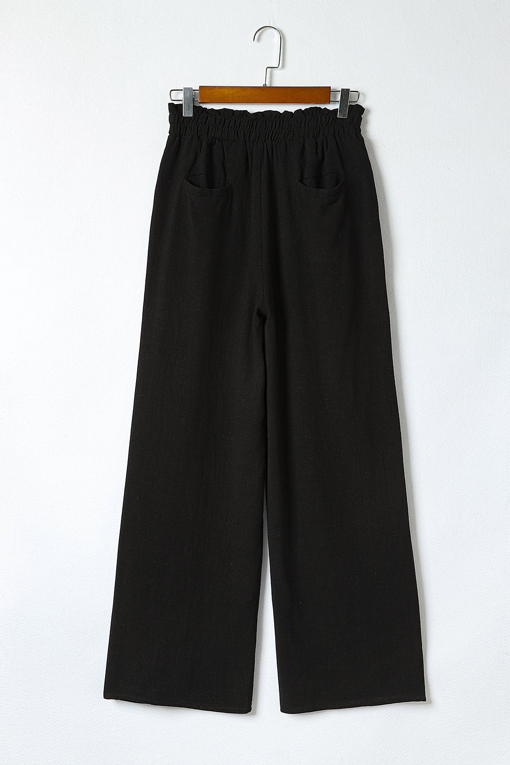 Black Wide Leg Elastic Waist Casual Pants with Pockets