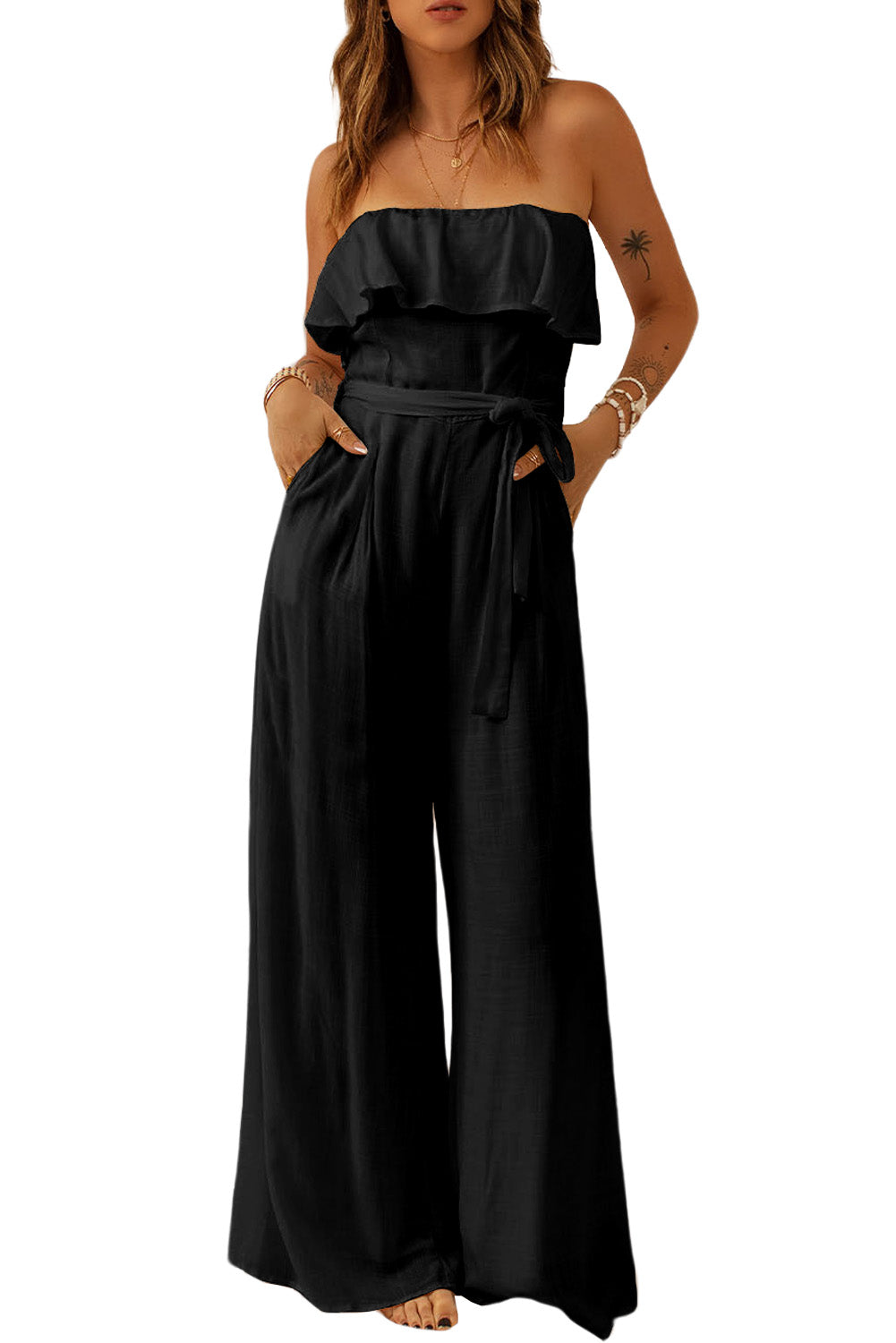 Black Ruffled Bandeau Wide Leg Jumpsuit