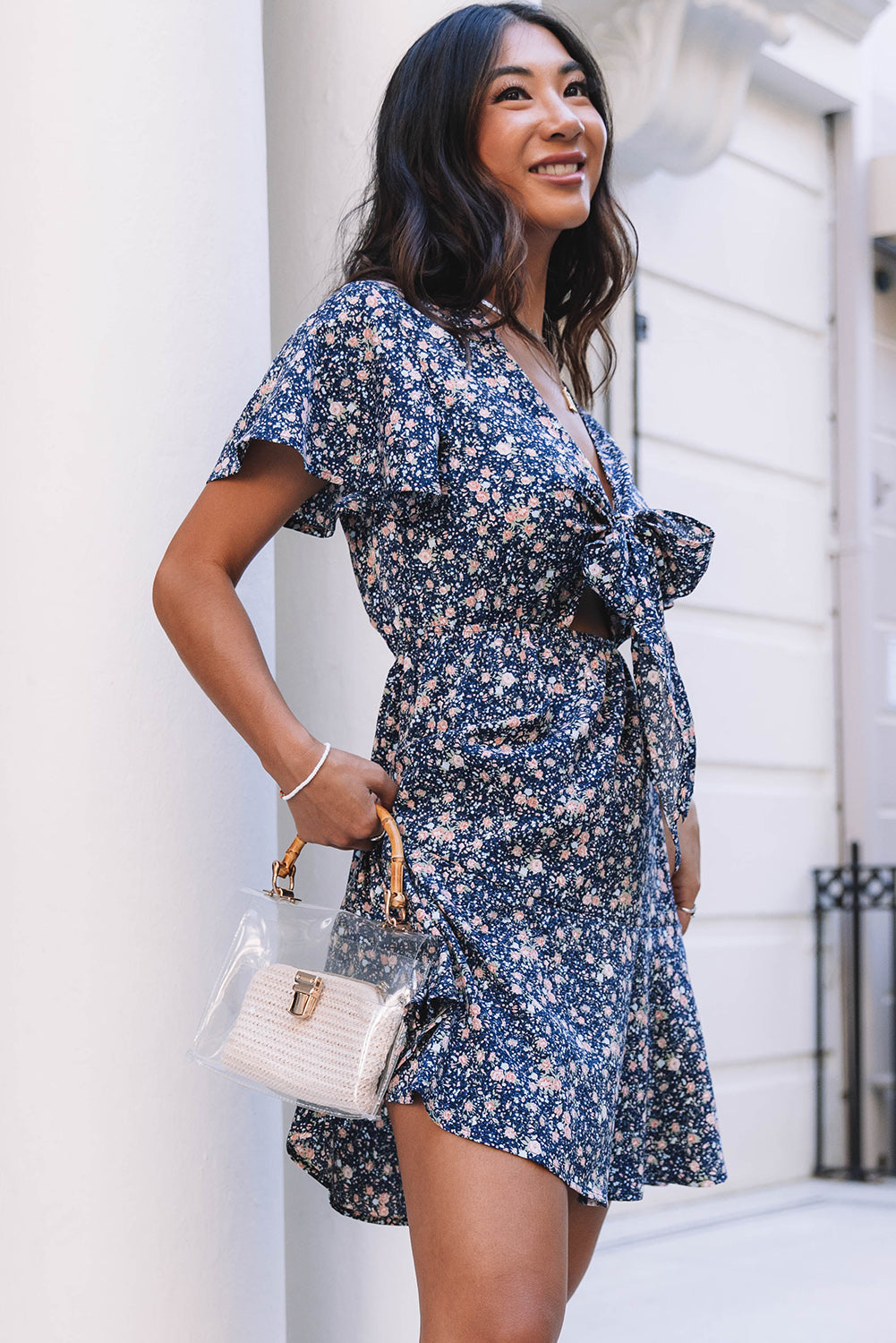 Blue Floral Print Tie Knot Ruffled Short Sleeve Mini Dress