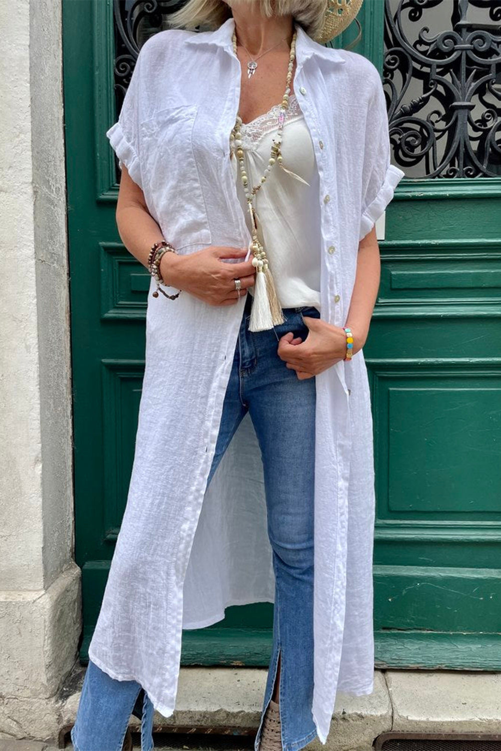 White Button Up Collared Short Sleeve Kimono