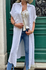 White Button Up Collared Short Sleeve Kimono