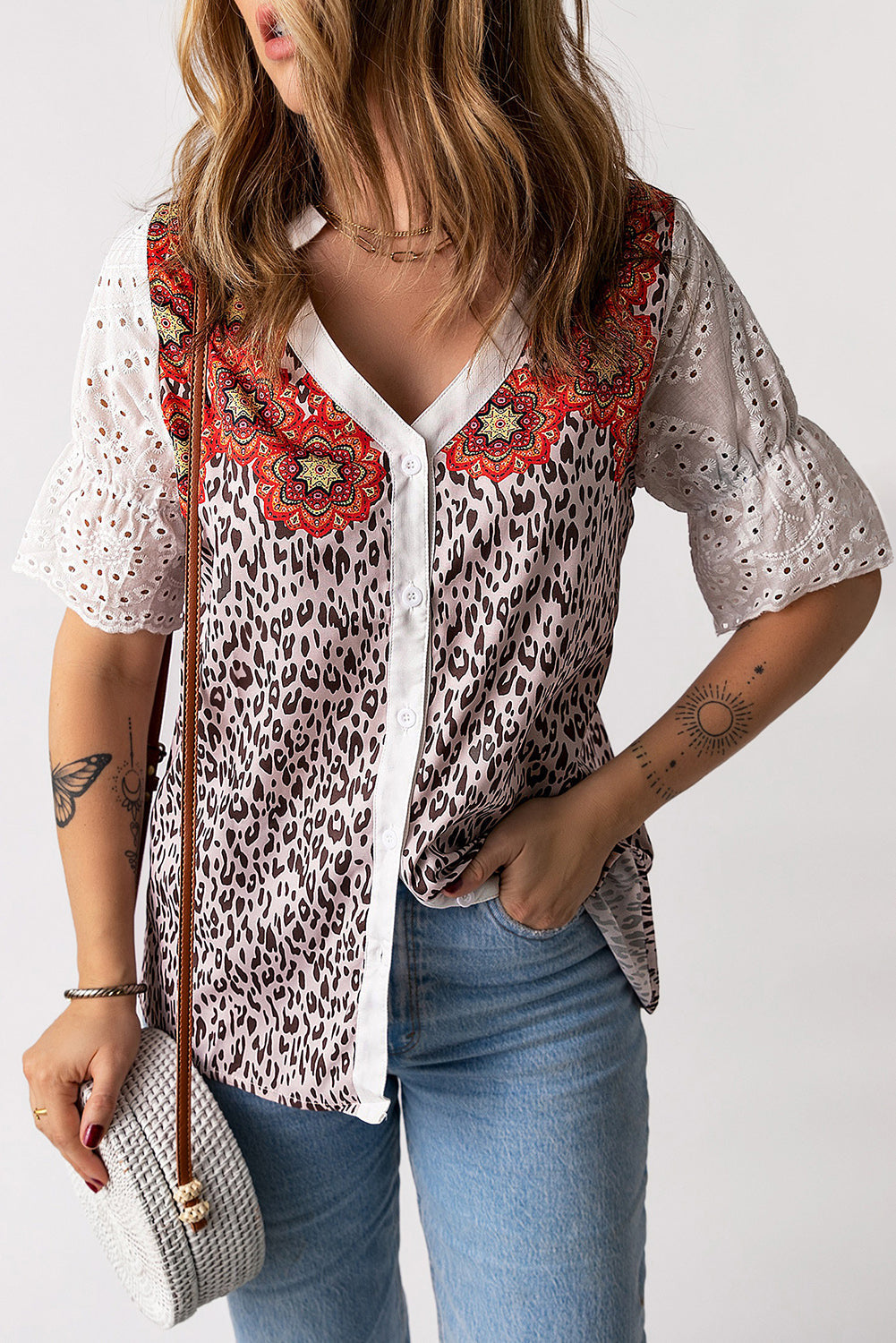 Leopard Mandala Hollow-out Sleeves T-shirt