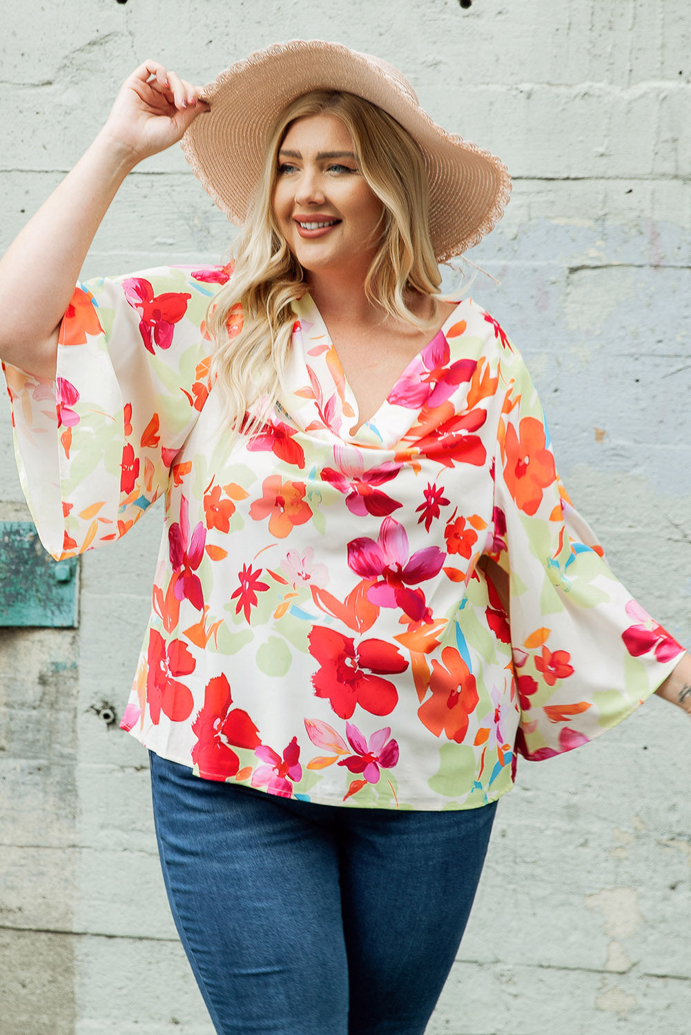 Multicolor Floral Print Cowl Neck Plus Size Blouse