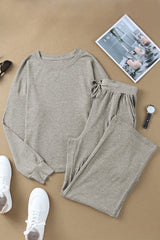 Gray Ribbed Drop Shoulder Pullover and Pants Lounge Set