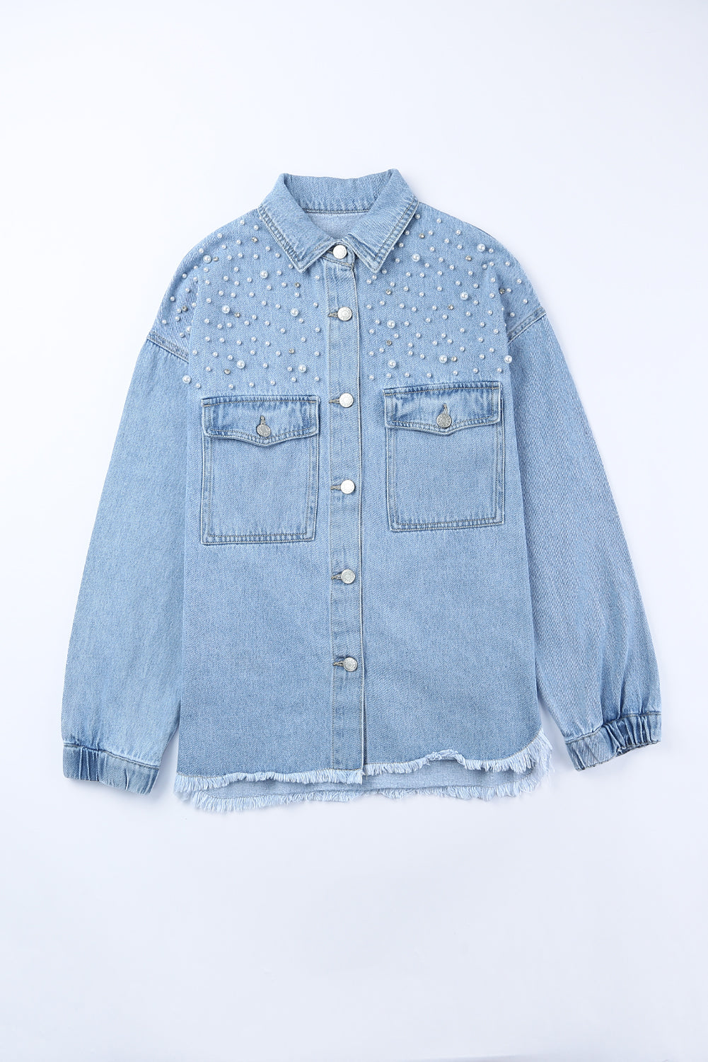 Sky Blue Rhinestone Pearls Denim Shacket