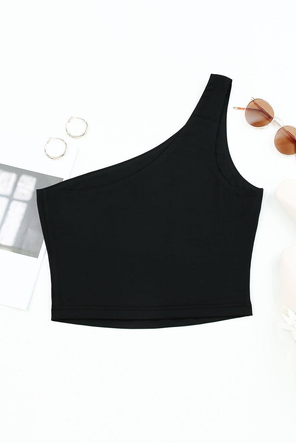 Black One Shoulder Sleeveless Crop Top