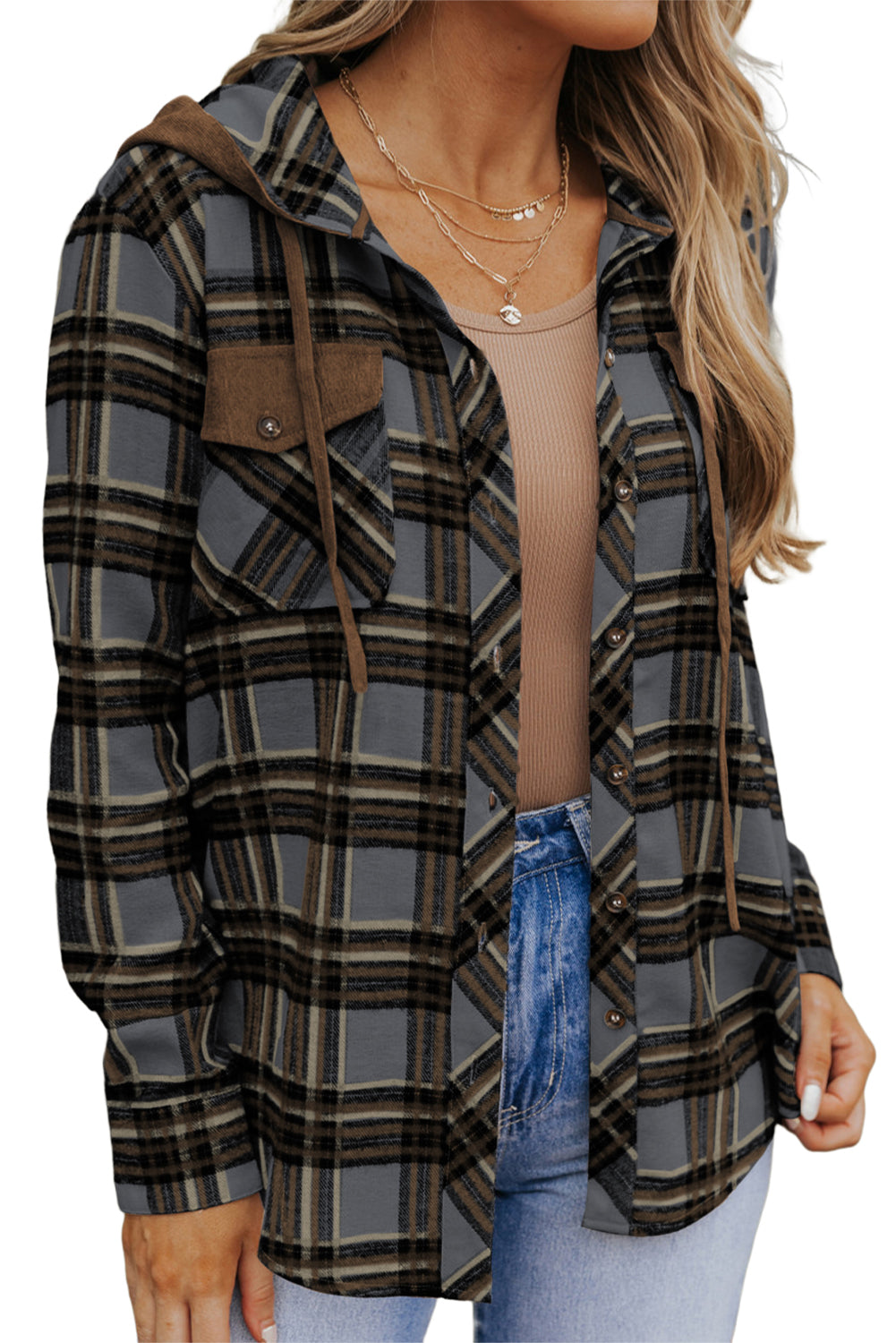 Pink Contrast Hooded Drawstring Plaid Shacket